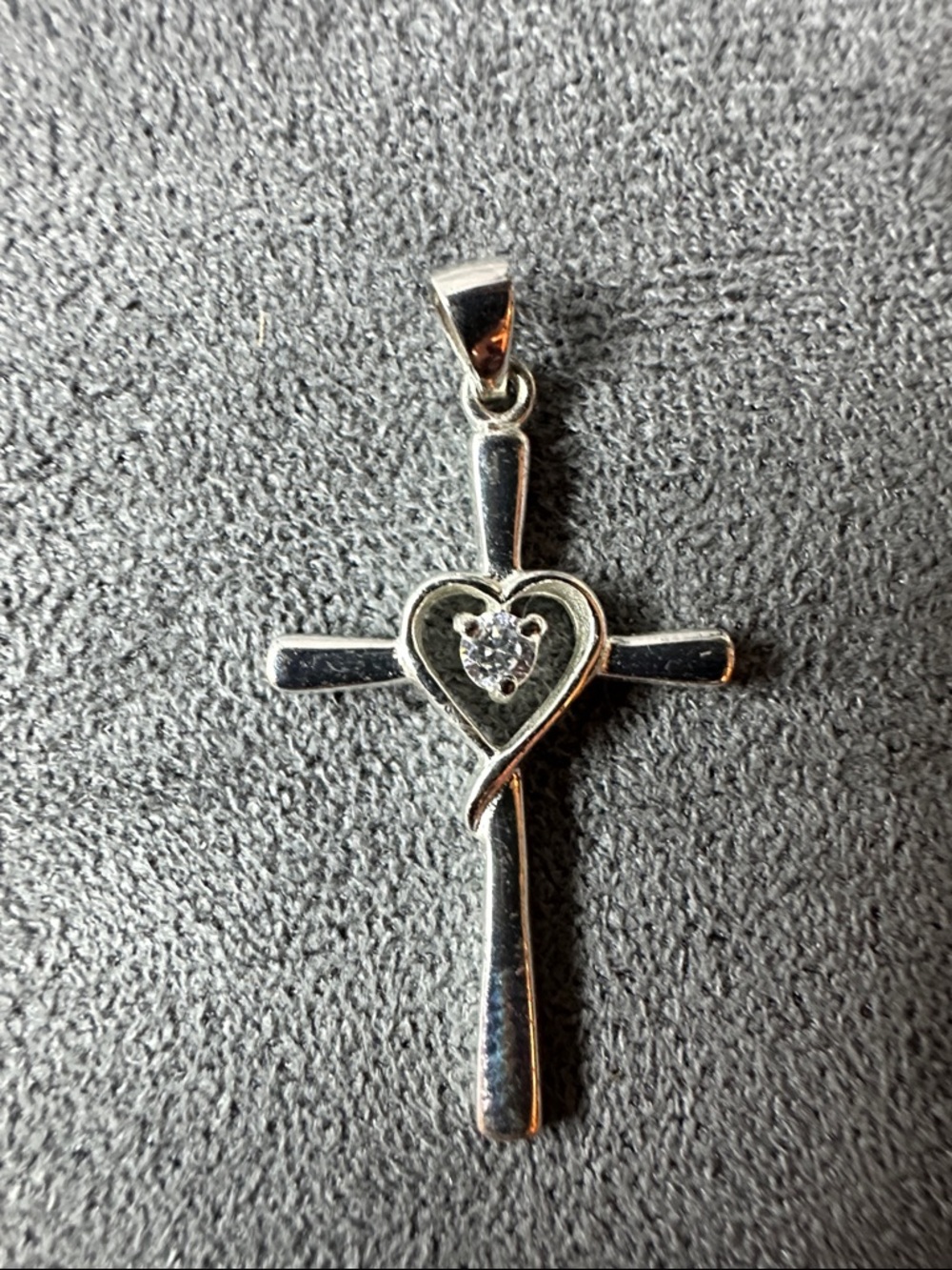 Sterling Silver Cross Pendant with Heart and Cubic Zirconia